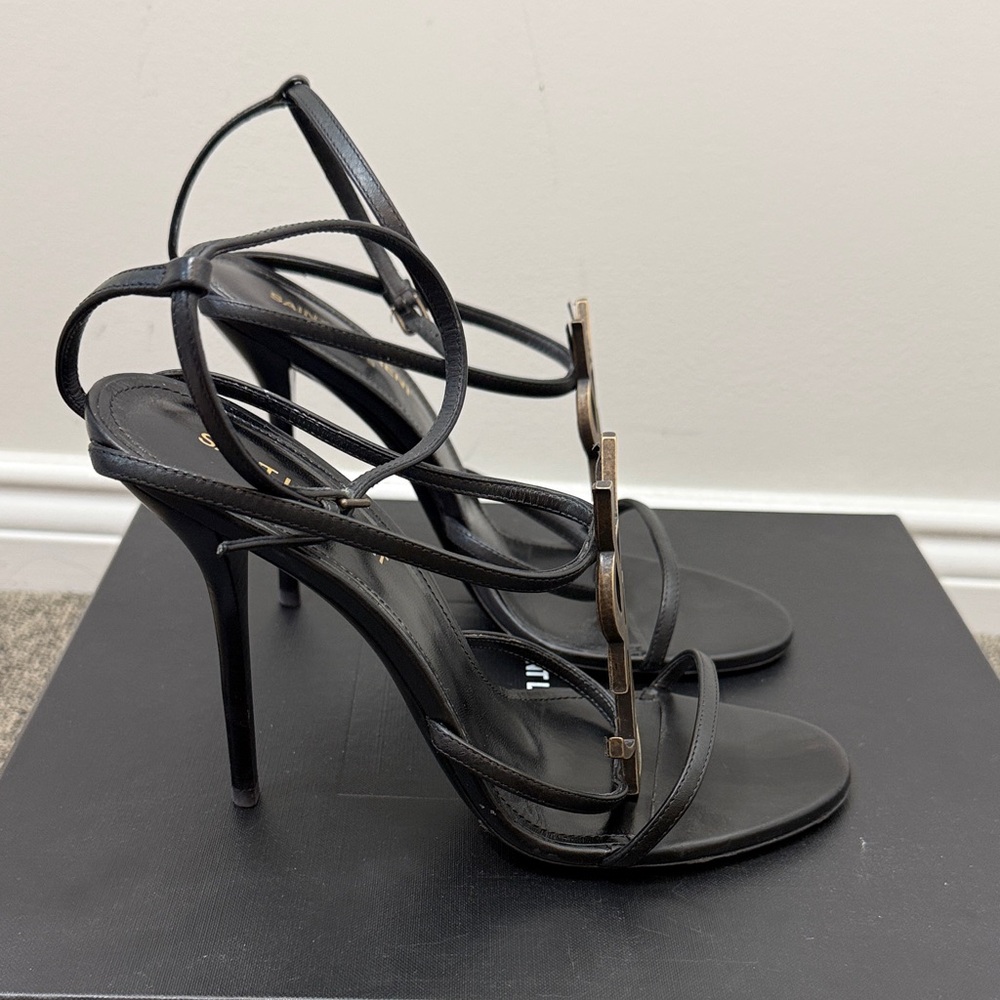 Saint Laurent CASSANDRA Black Strappy Heeled Sandals with Gold YSL size 38.5 - Picture 2 of 11